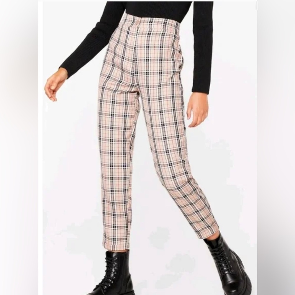 Nasty Gal Collection Plaid Beige Red Black Tapered Leg Pant Women 8
